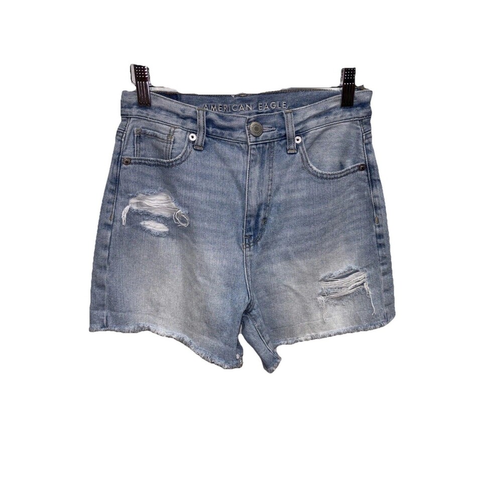American Eagle Light Wash Denim Distressed Highest Rise 90s Mom Short Sz 0 Blue